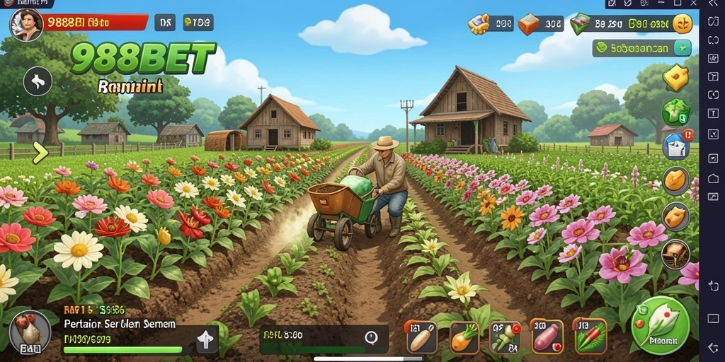 Tangkapan layar gameplay 988BET menampilkan aktivitas bertani yang dinamis.