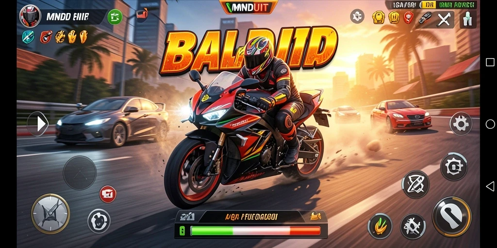 Screenshot gameplay MNDUIT yang menggambarkan balapan motor yang seru.