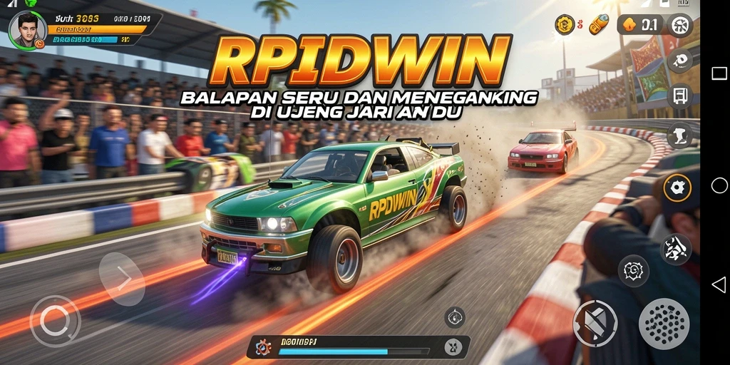 Tampilan gameplay intens RPIDWIN dengan mobil balap cepat di lintasan.